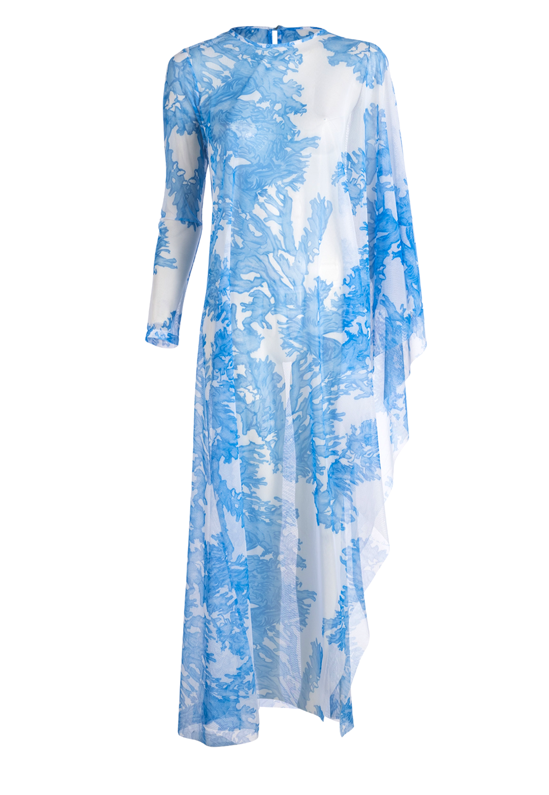 Woman wearing blue coral printed mesh one armed poncho kaftan over white italian stretch cotton tank tops and pants by Ala von Auersperg for summer 2023