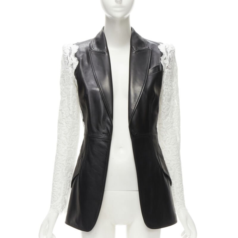 ALEXANDER MCQUEEN 2020 black lamb leather white lace trim blazer jacket IT38 XS