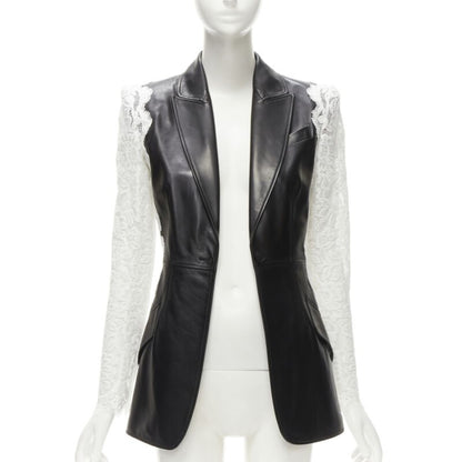 ALEXANDER MCQUEEN 2020 black lamb leather white lace trim blazer jacket IT38 XS