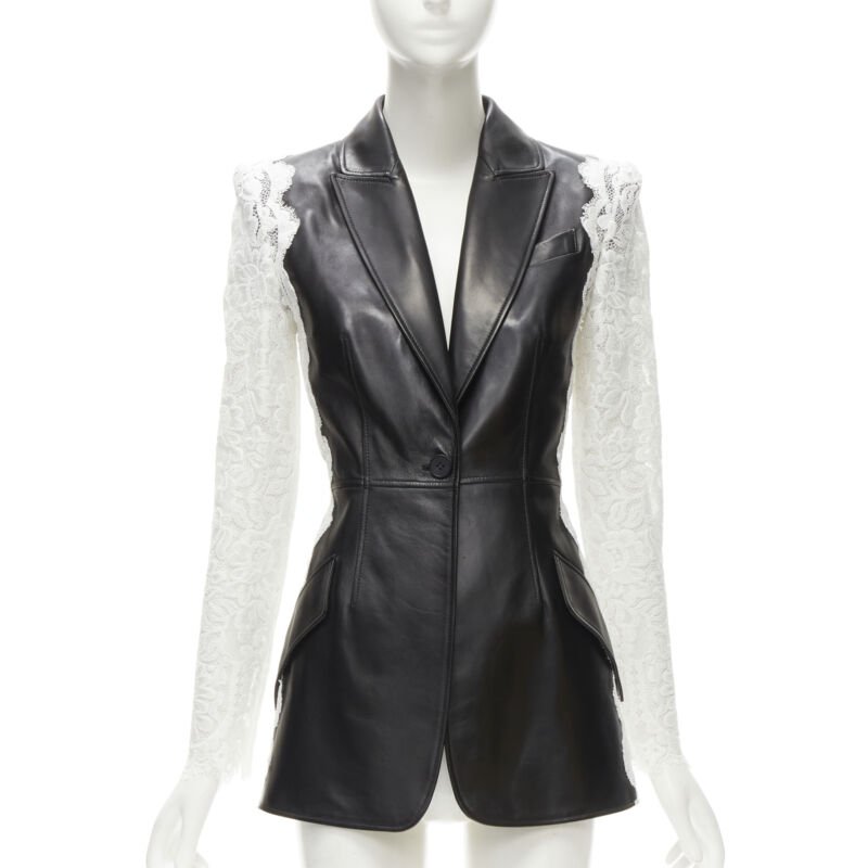 ALEXANDER MCQUEEN 2020 black lamb leather white lace trim blazer jacket IT38 XS