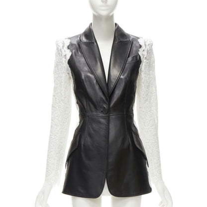 ALEXANDER MCQUEEN 2020 black lamb leather white lace trim blazer jacket IT38 XS