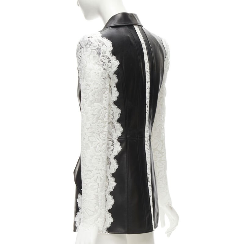 ALEXANDER MCQUEEN 2020 black lamb leather white lace trim blazer jacket IT38 XS