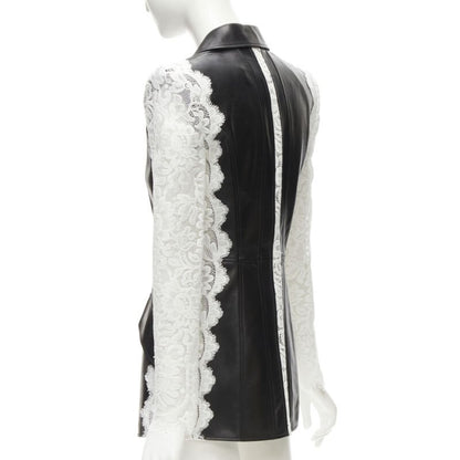 ALEXANDER MCQUEEN 2020 black lamb leather white lace trim blazer jacket IT38 XS