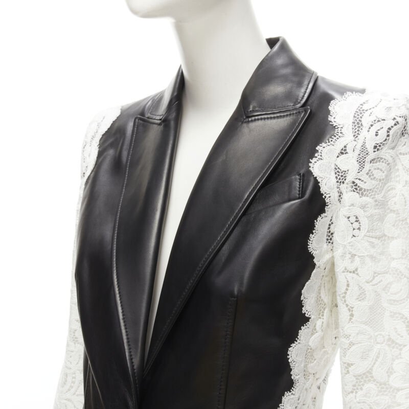 ALEXANDER MCQUEEN 2020 black lamb leather white lace trim blazer jacket IT38 XS