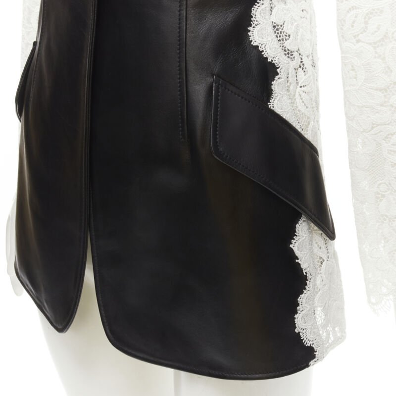 ALEXANDER MCQUEEN 2020 black lamb leather white lace trim blazer jacket IT38 XS