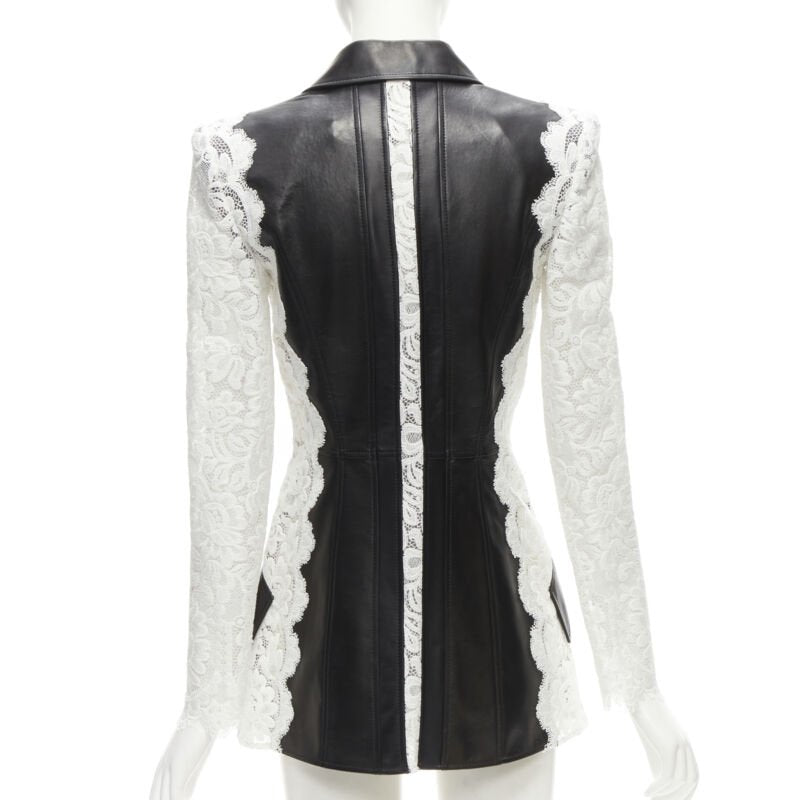 ALEXANDER MCQUEEN 2020 black lamb leather white lace trim blazer jacket IT38 XS