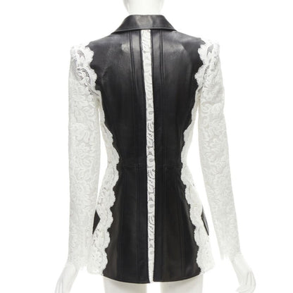ALEXANDER MCQUEEN 2020 black lamb leather white lace trim blazer jacket IT38 XS